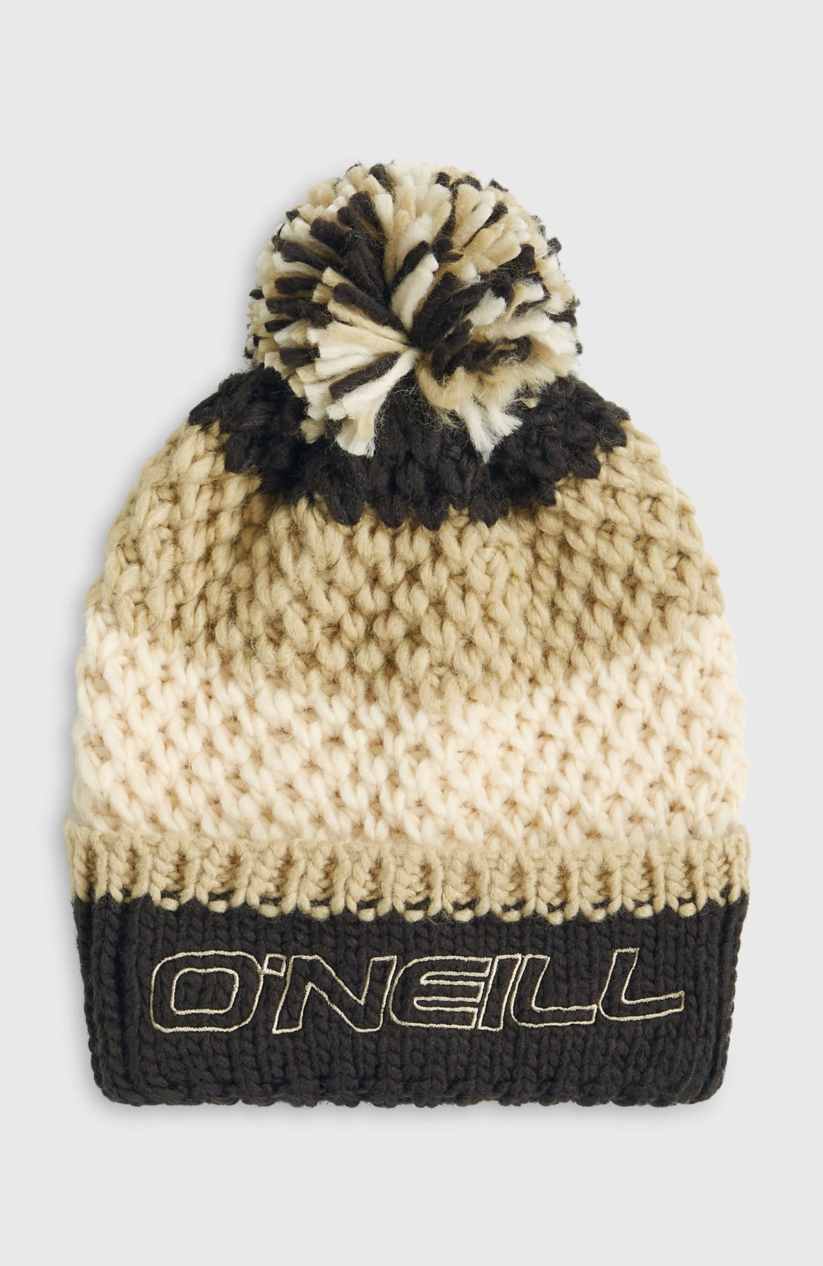 O'Neill Powder Beanie für Jungen, schwarz-meliert mit Blockstreifen in Beige und Cremeweiß, freigestellt von vorne