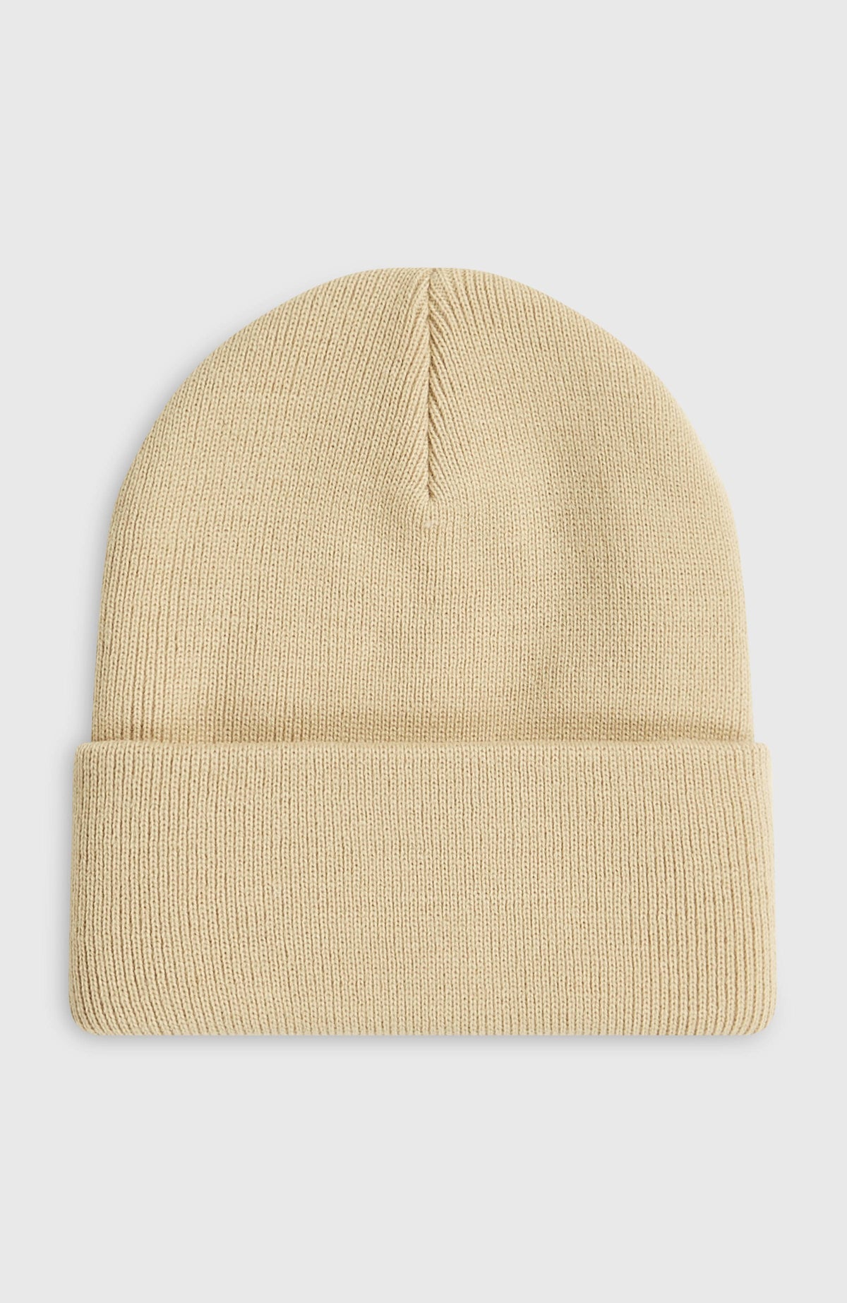 Logo Beanie für Jungen, beige, freigestellt von hinten, schlichte Rückansicht mit Umschlag