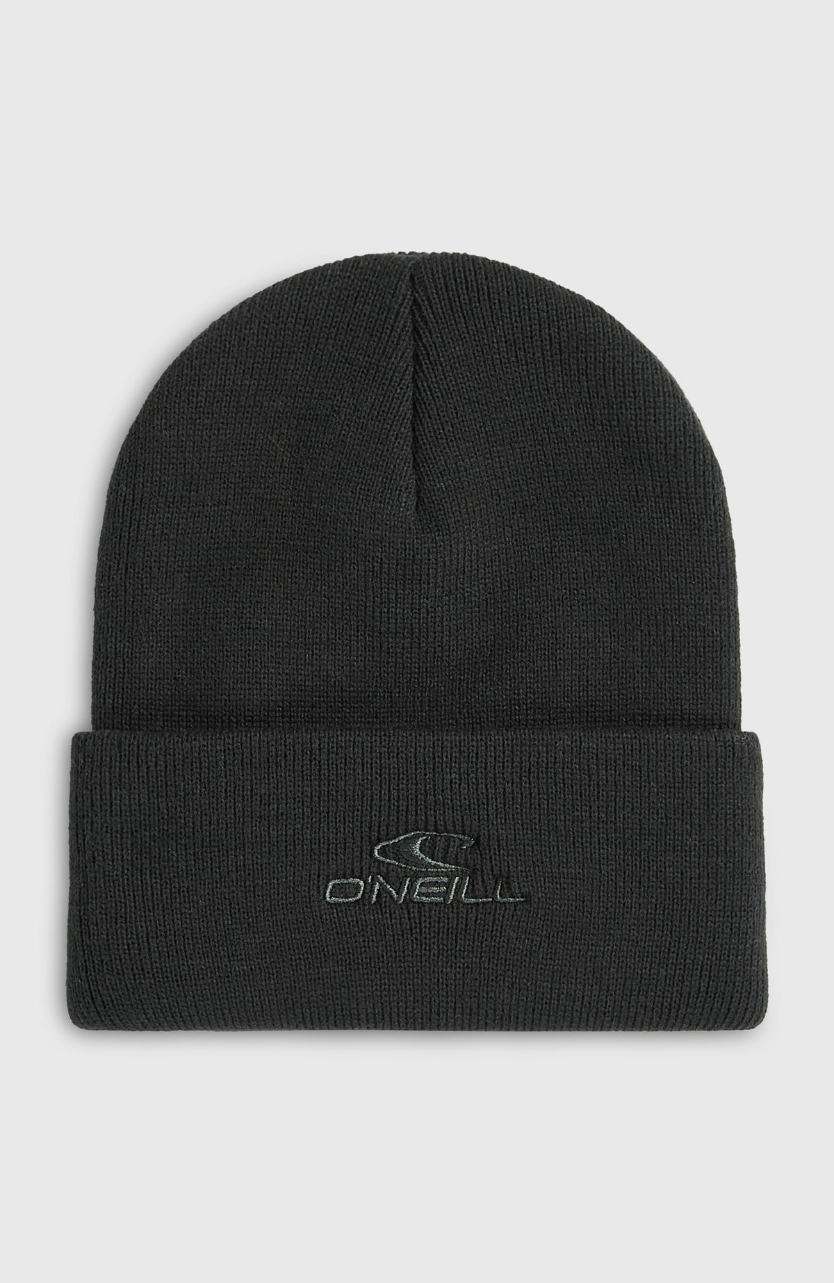 O'Neill Logo Beanie für Jungen in Schwarz, freigestellt von vorne mit gesticktem Logo auf dem Umschlag
