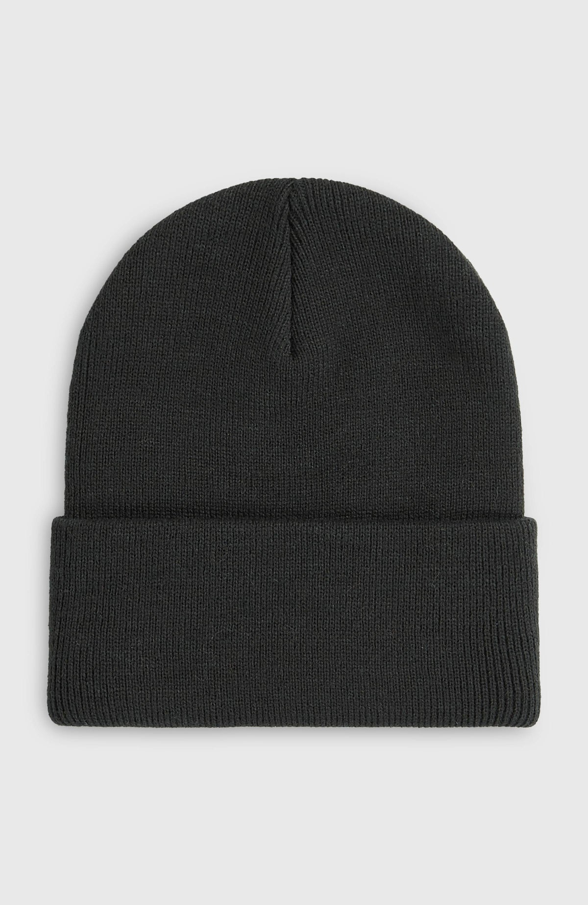 Schwarze Logo Beanie für Jungen, freigestellt in der Rückansicht mit umgeschlagenem Saum
