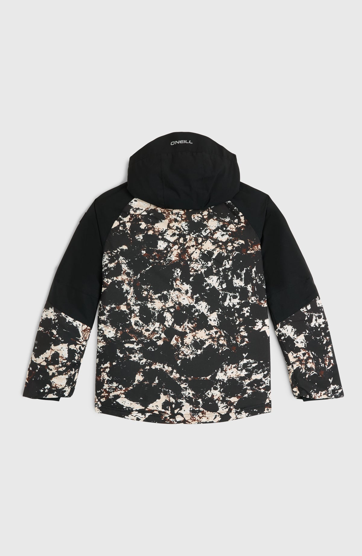 FWC'Play Ski- und Snowboardjacke für Jungen, schwarz mit Marmormuster in Beige, flach liegend von hinten