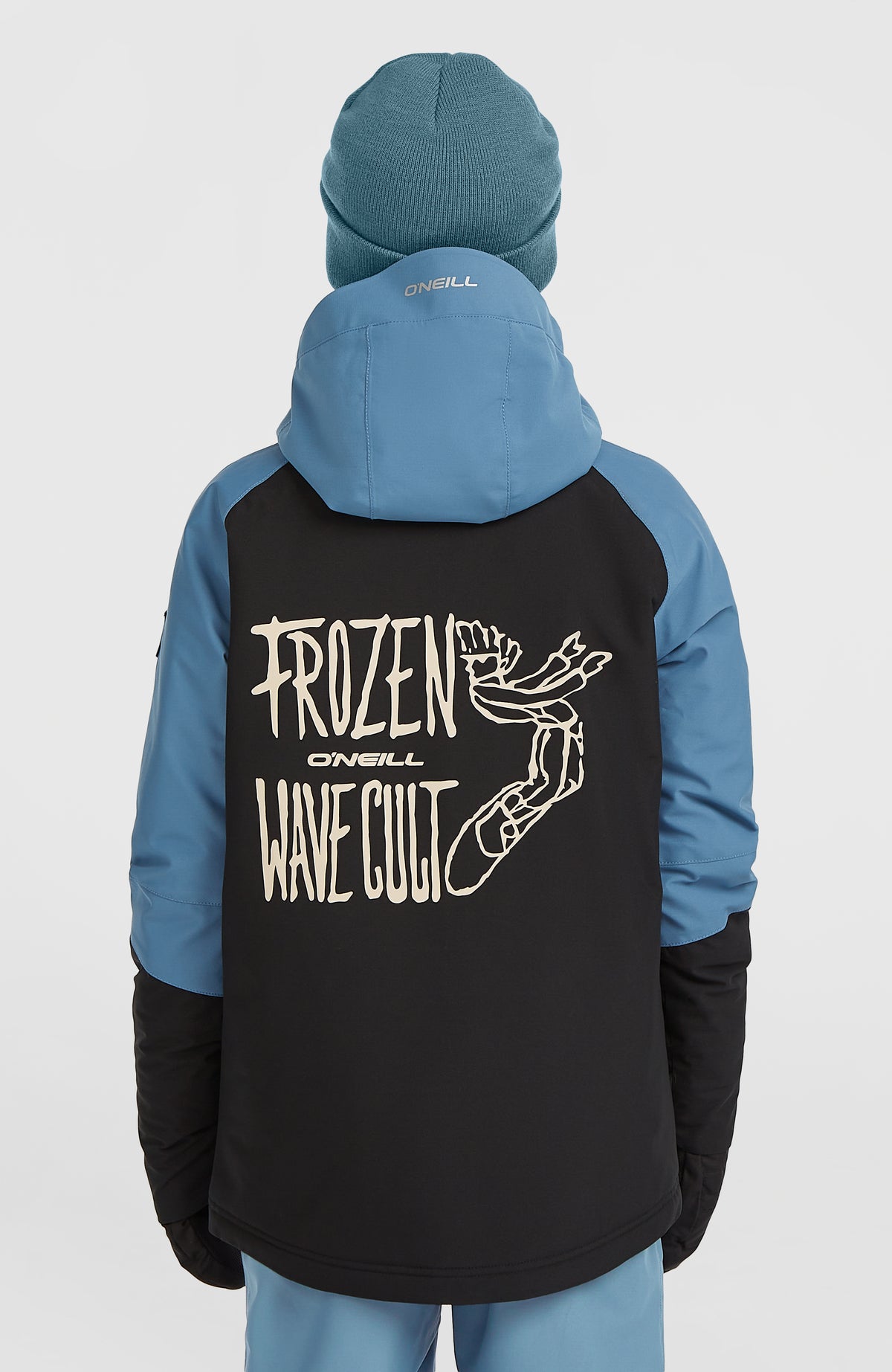 FWC'Play Ski- und Snowboardjacke für Jungen, blau mit Grafik-Print in Beige, Rückansicht am Model