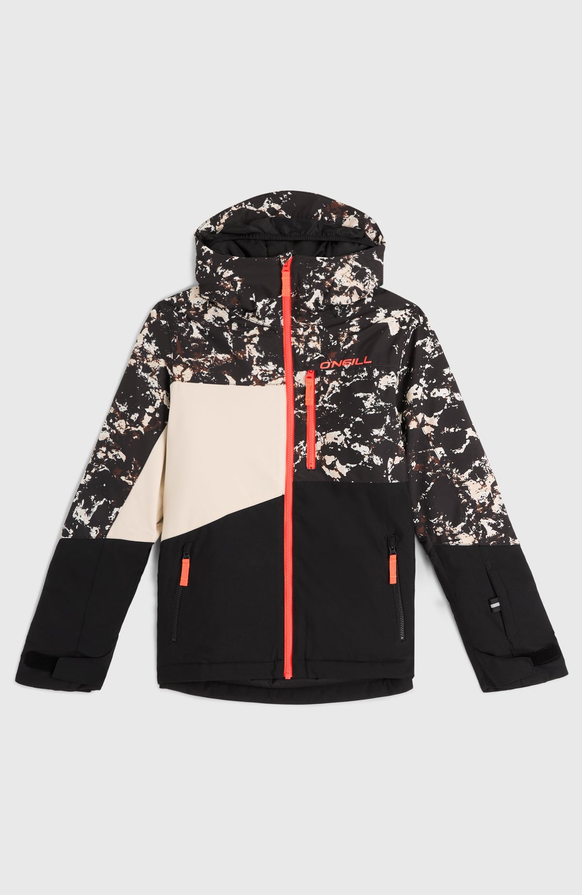 FWC'Cruz Triple Skijacke für Jungen, schwarz mit Muster in Beige, flach liegend von vorne mit Reißverschluss