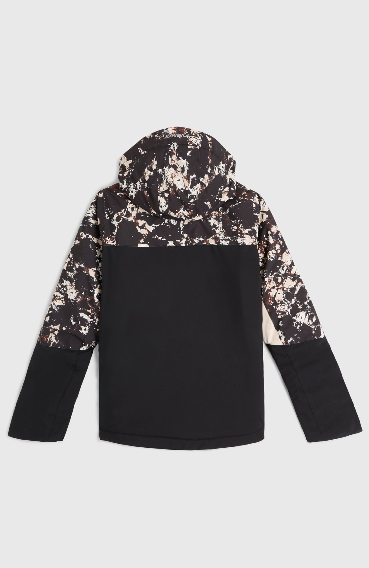 FWC'Cruz Triple Skijacke für Jungen, schwarz mit Muster in Beige, flach liegend von hinten mit Kapuze