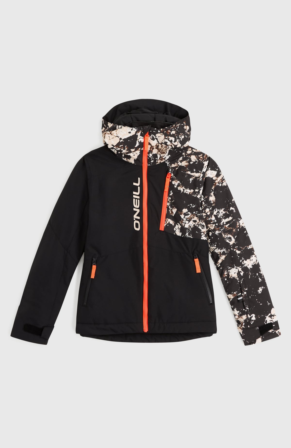 Schwarze FWC'Cruz Block Skijacke für Jungen mit Muster in Beige, flach liegend von vorne mit Brusttasche