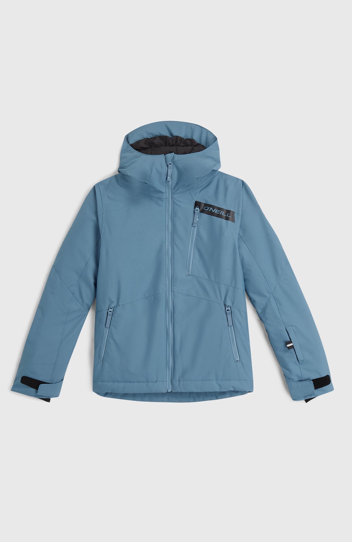 FWC'Cruz Skijacke für Jungen, blau, flach liegend von vorne mit Kapuze, Brusttasche und Reißverschluss