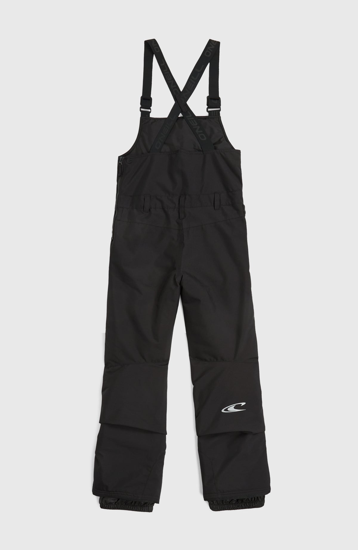 Schwarze FWC'Cruz Bib Skihose für Kinder, flach liegend von hinten mit gekreuzten Trägern und Logo am Bein