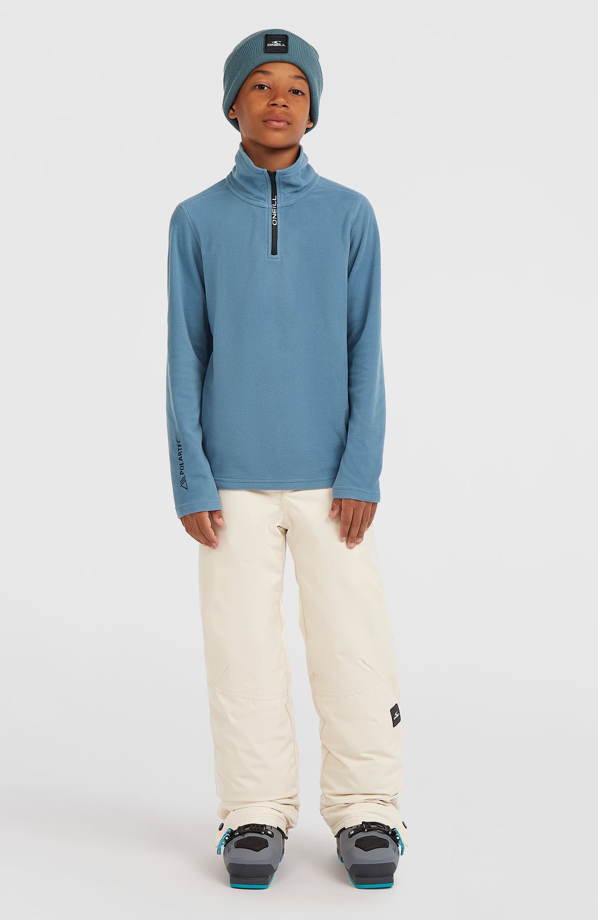 O'Neill FWC'Cruz Skihose für Jungen, beige, Vorderansicht, getragen am Model