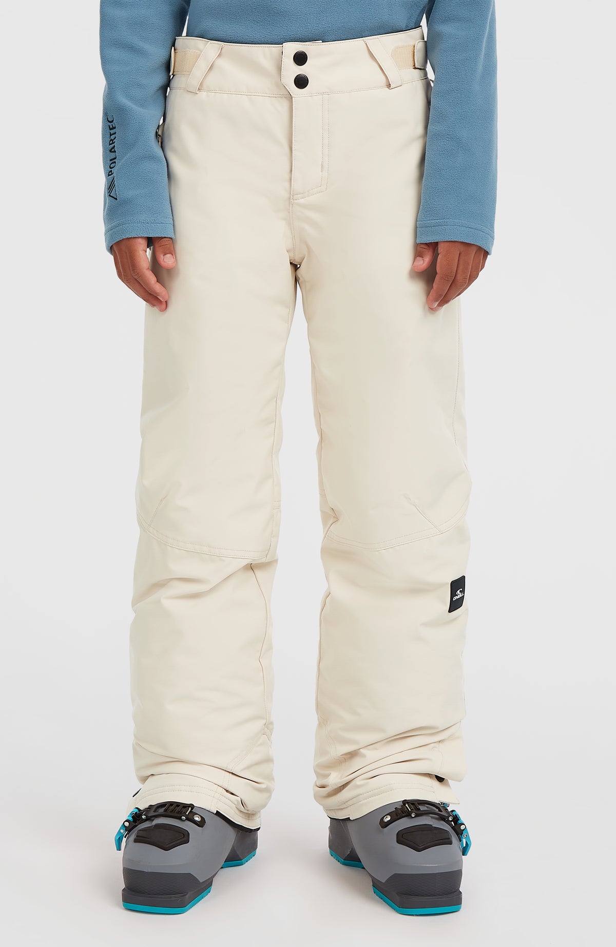FWC'Cruz Skihose für Jungen, beige, Vorderansicht am Model, Bund mit Druckknöpfen und Klettriegeln
