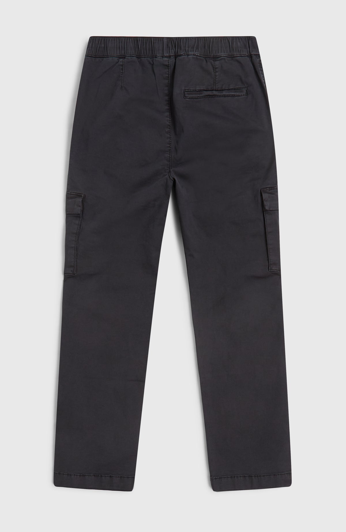 Schwarze Cargohose für Jungen, flach liegend von hinten mit Gesäßtasche