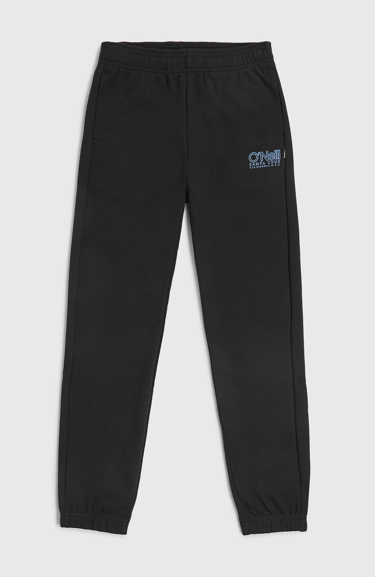 Essentials Jogginghose für Jungen, schwarz mit Logo-Print in Hellblau, flach liegend von vorne