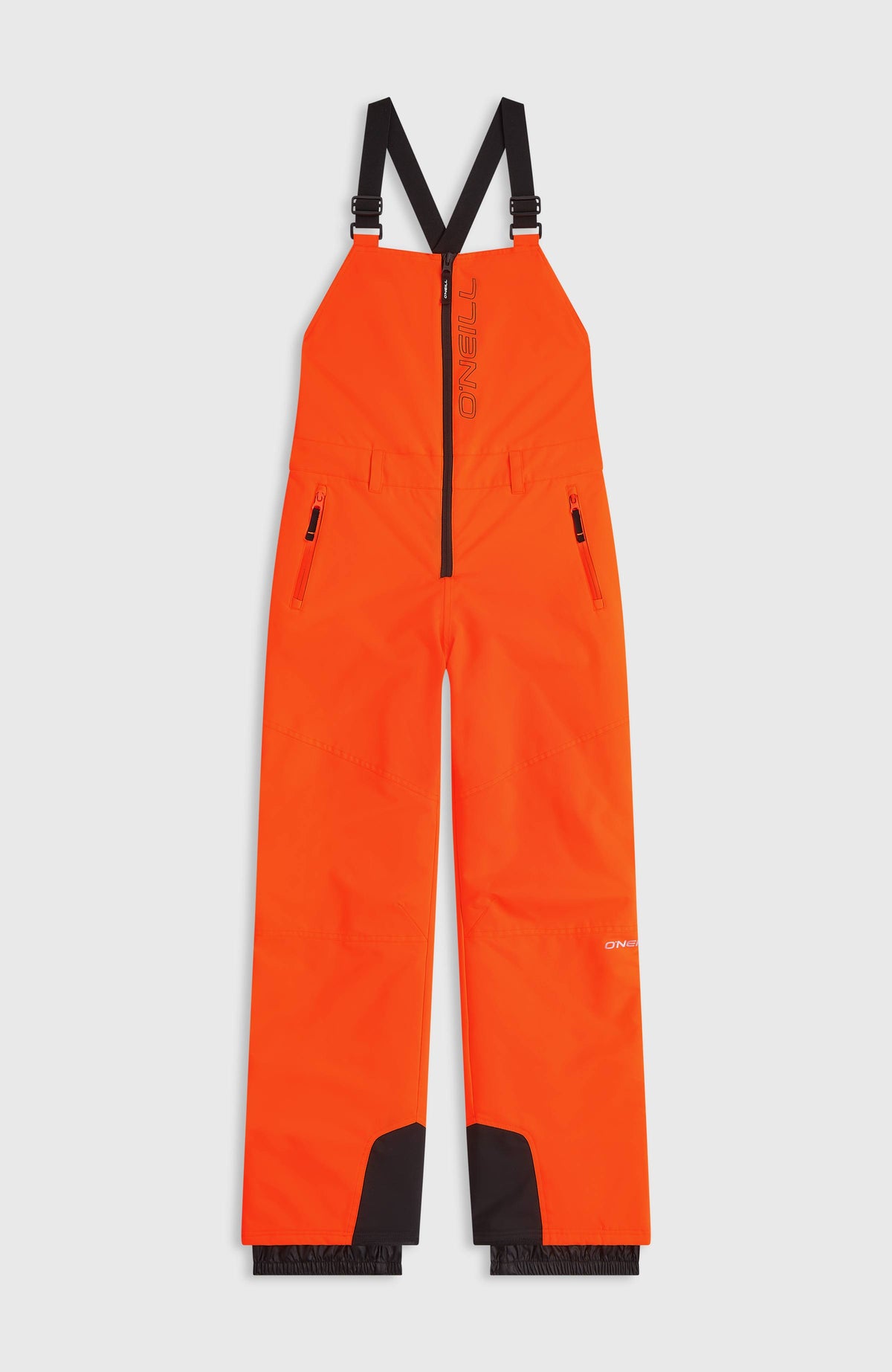 FWC'Cruz Bib Skihose für Jungen, rot, flach liegend von vorne mit elastischen Trägern und Reißverschlusstaschen