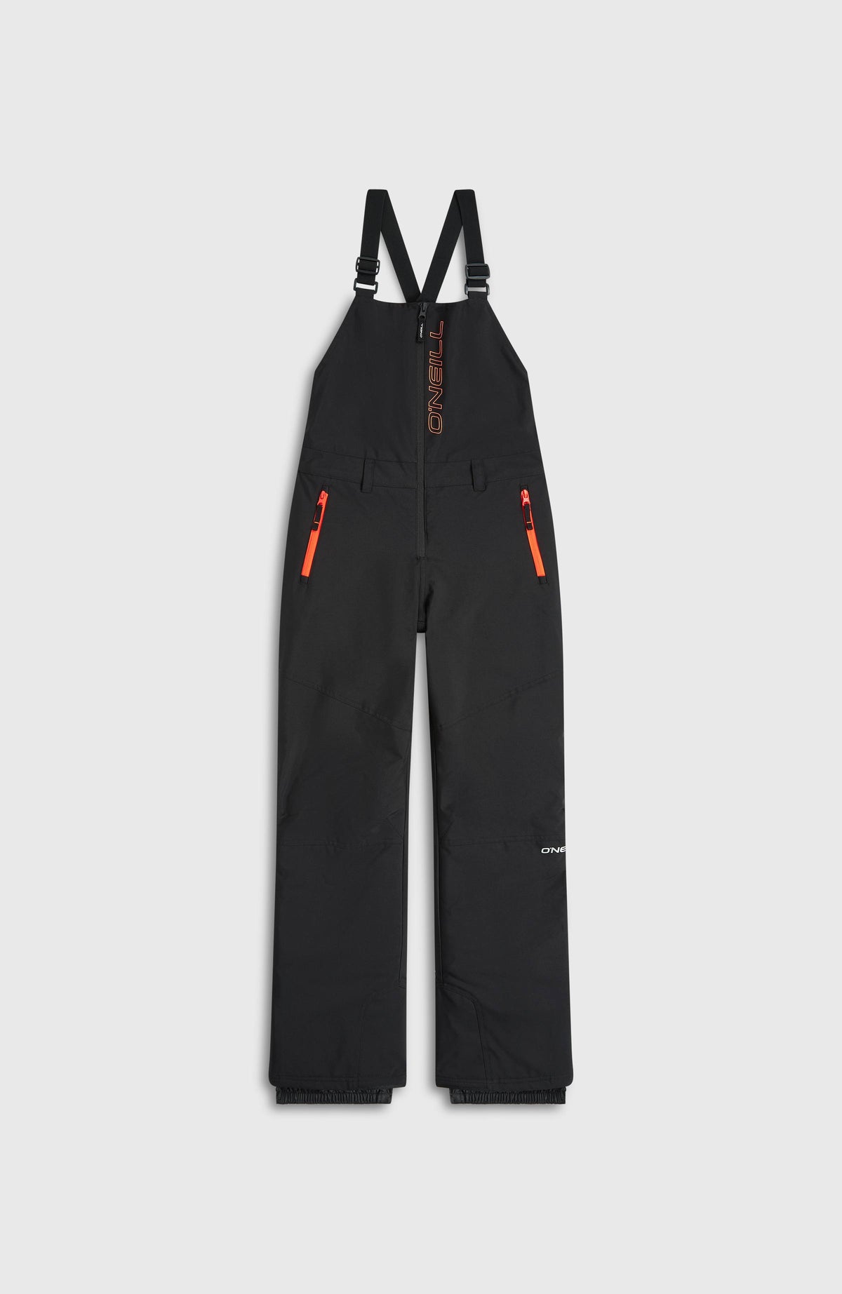 FWC'Cruz Bib Skihose für Jungen, schwarz, flach liegend von vorne mit orangefarbenen Reißverschlusstaschen