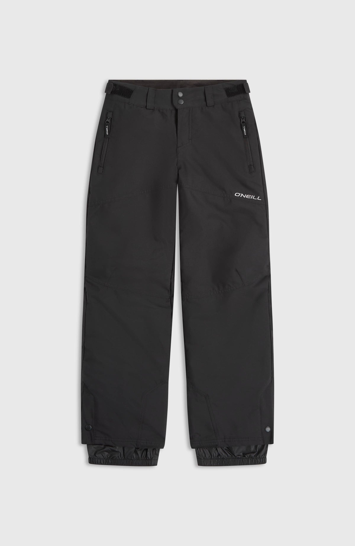 FWC'Cruz Skihose für Jungen, schwarz, flach liegend von vorne, mit seitlichen Reißverschlusstaschen und Logo-Print
