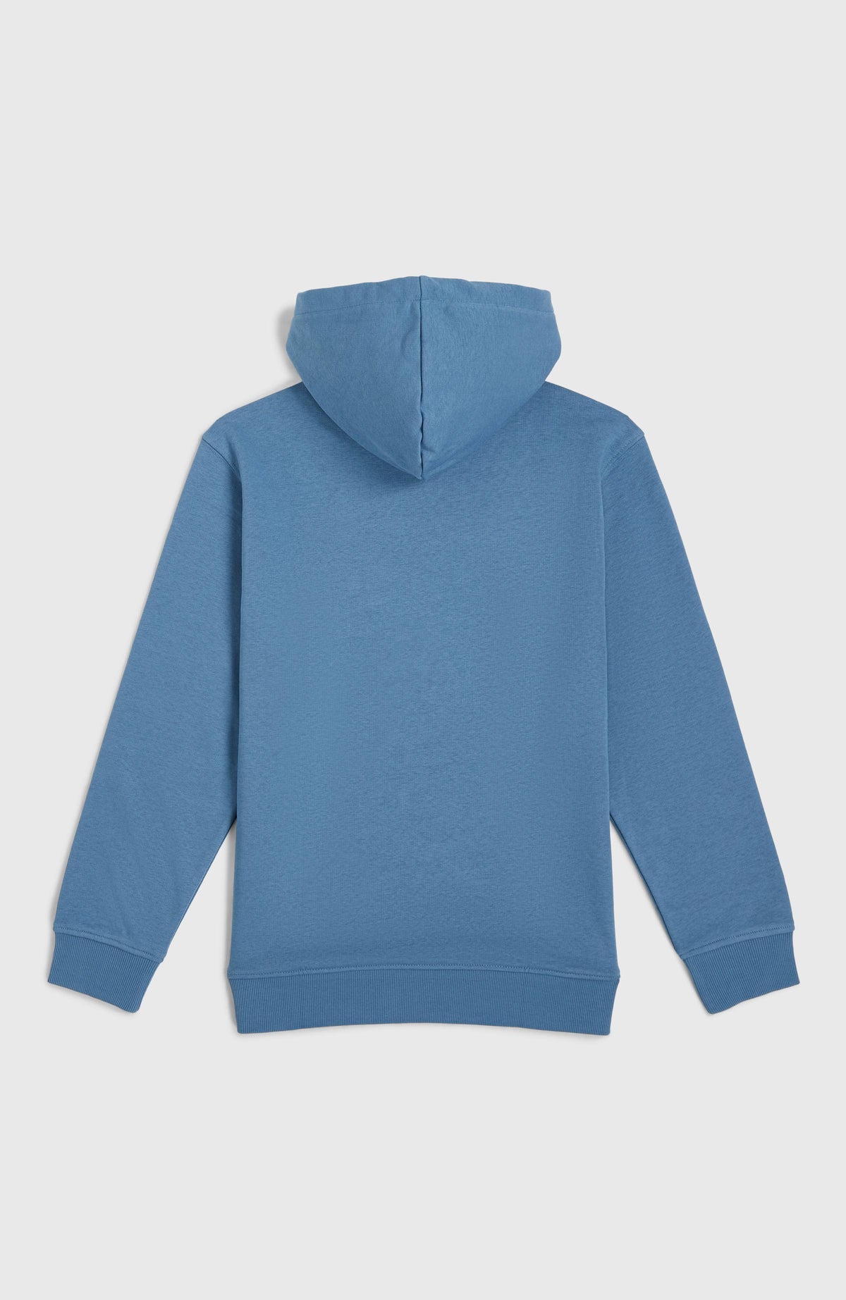 Graphic Hoodie für Jungen, blau mit Grafik-Print in Weiß, flach liegend von hinten mit Sicht auf die Kapuze