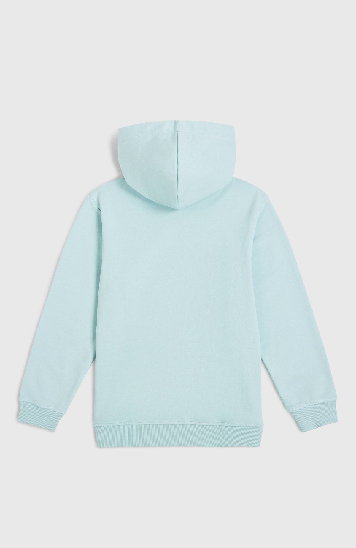 Logo Hoodie für Jungen, blau, flach liegend von hinten mit Kapuze und geripptem Saum