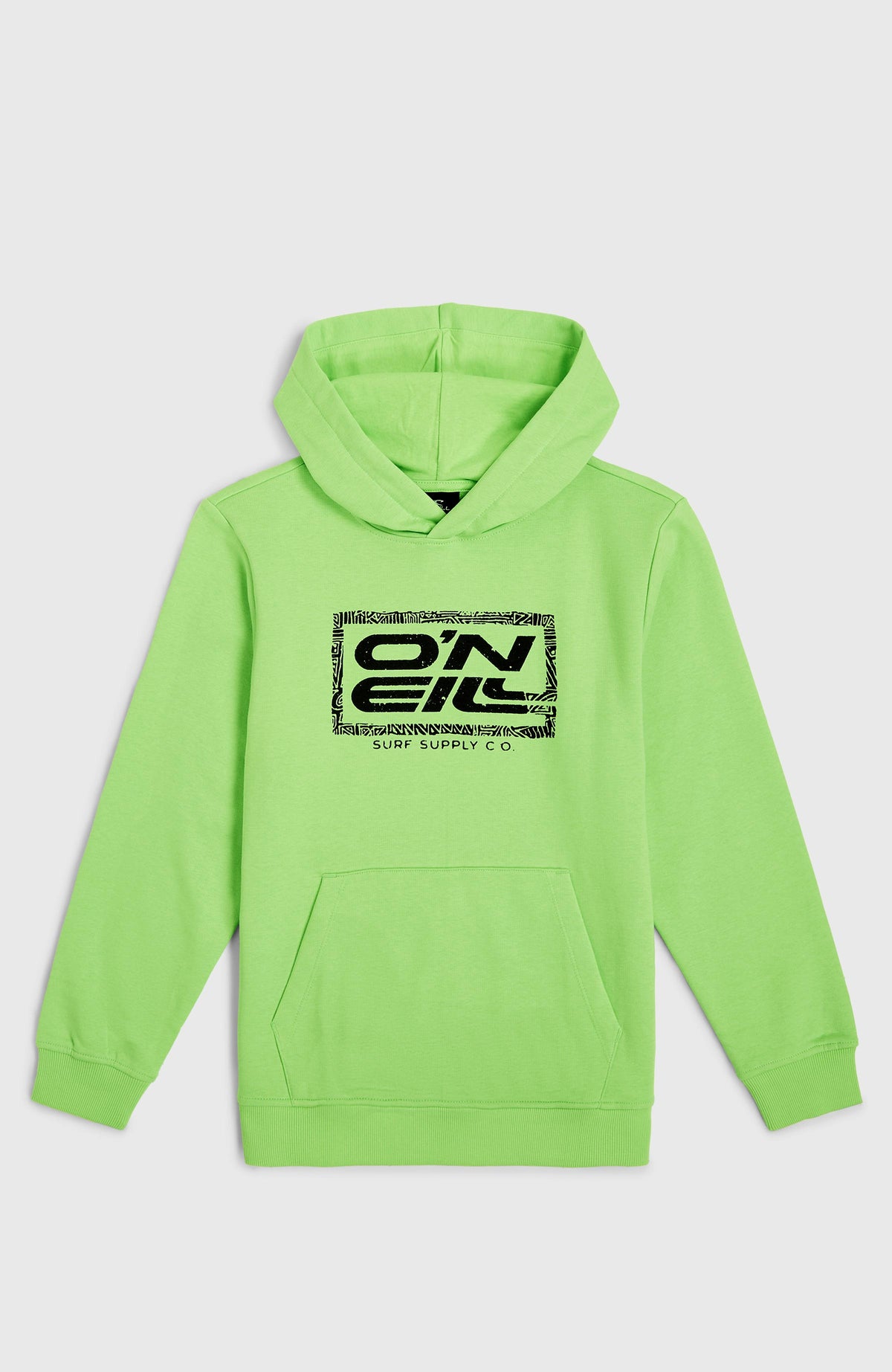 Logo Hoodie für Jungen, grün mit Logo-Print in Schwarz, flach liegend von vorne mit Kängurutasche