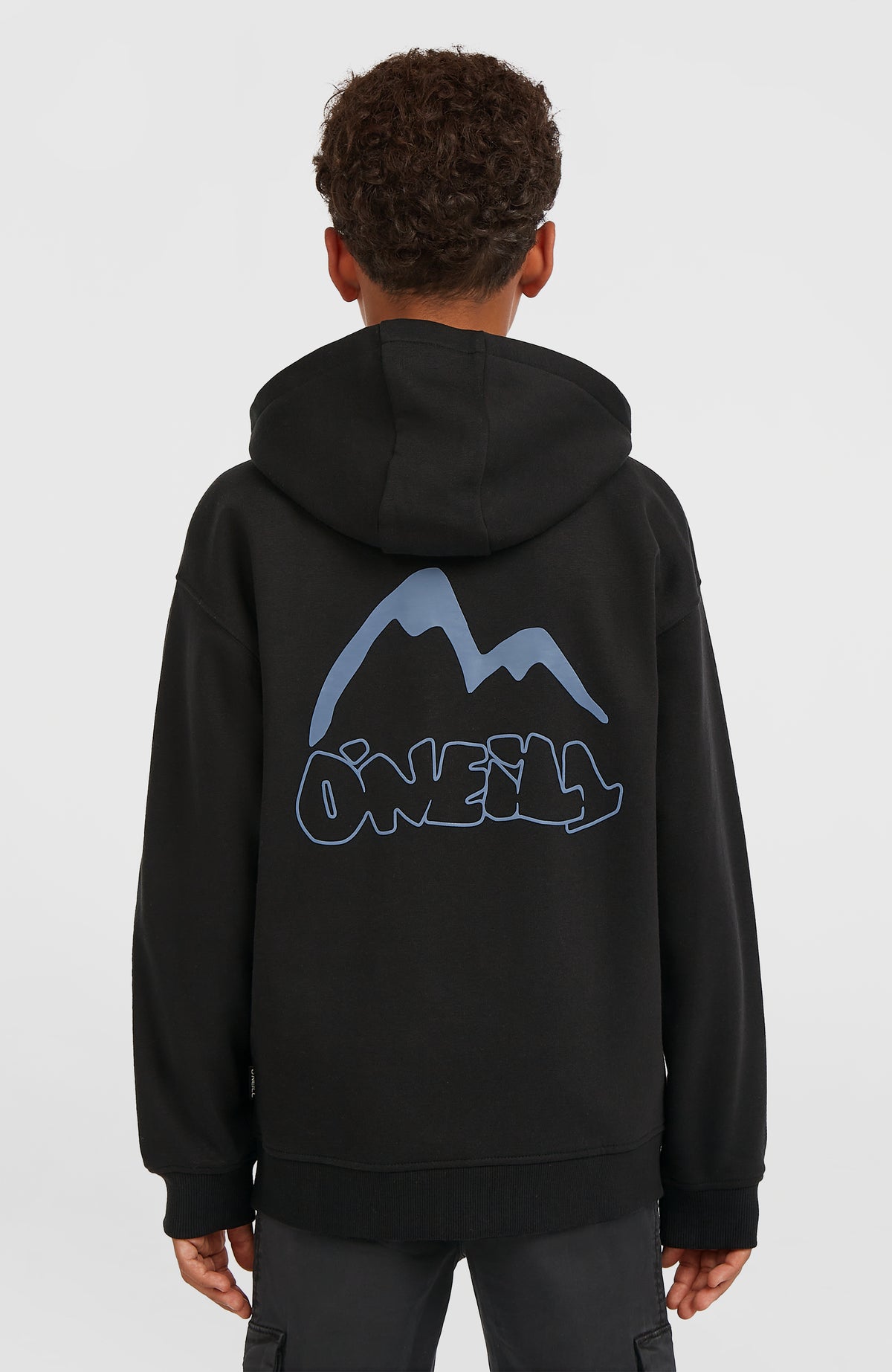 Must-Have Kapuzenjacke mit Reißverschluss für Jungen, schwarz mit Logo-Print in Blau, Rückansicht am Model
