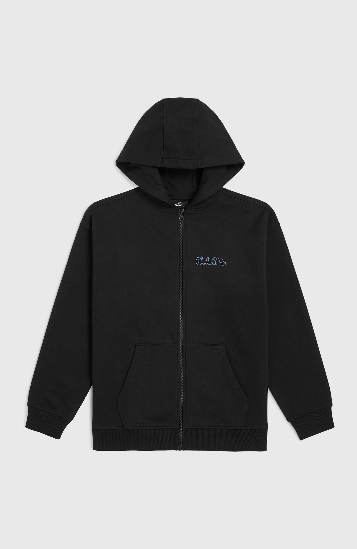 Must-Have Kapuzenjacke mit Reißverschluss für Jungen, schwarz mit Logo-Print in Blau, flach liegend von vorne