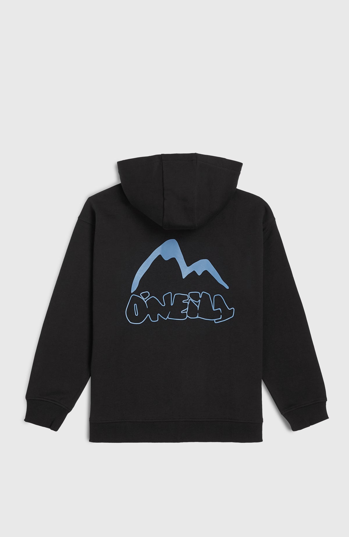 Must-Have Kapuzenjacke mit Reißverschluss für Jungen, schwarz mit Logo-Print in Blau, flach liegend von hinten