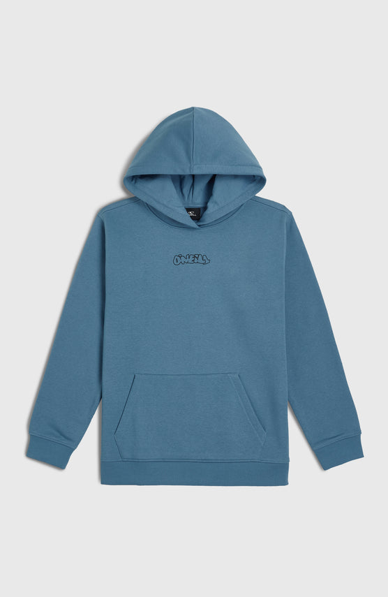 O'Neill FWC'Play Hoodie für Jungen, blau mit Logo-Print in Schwarz, flach liegend von vorne mit Kängurutasche