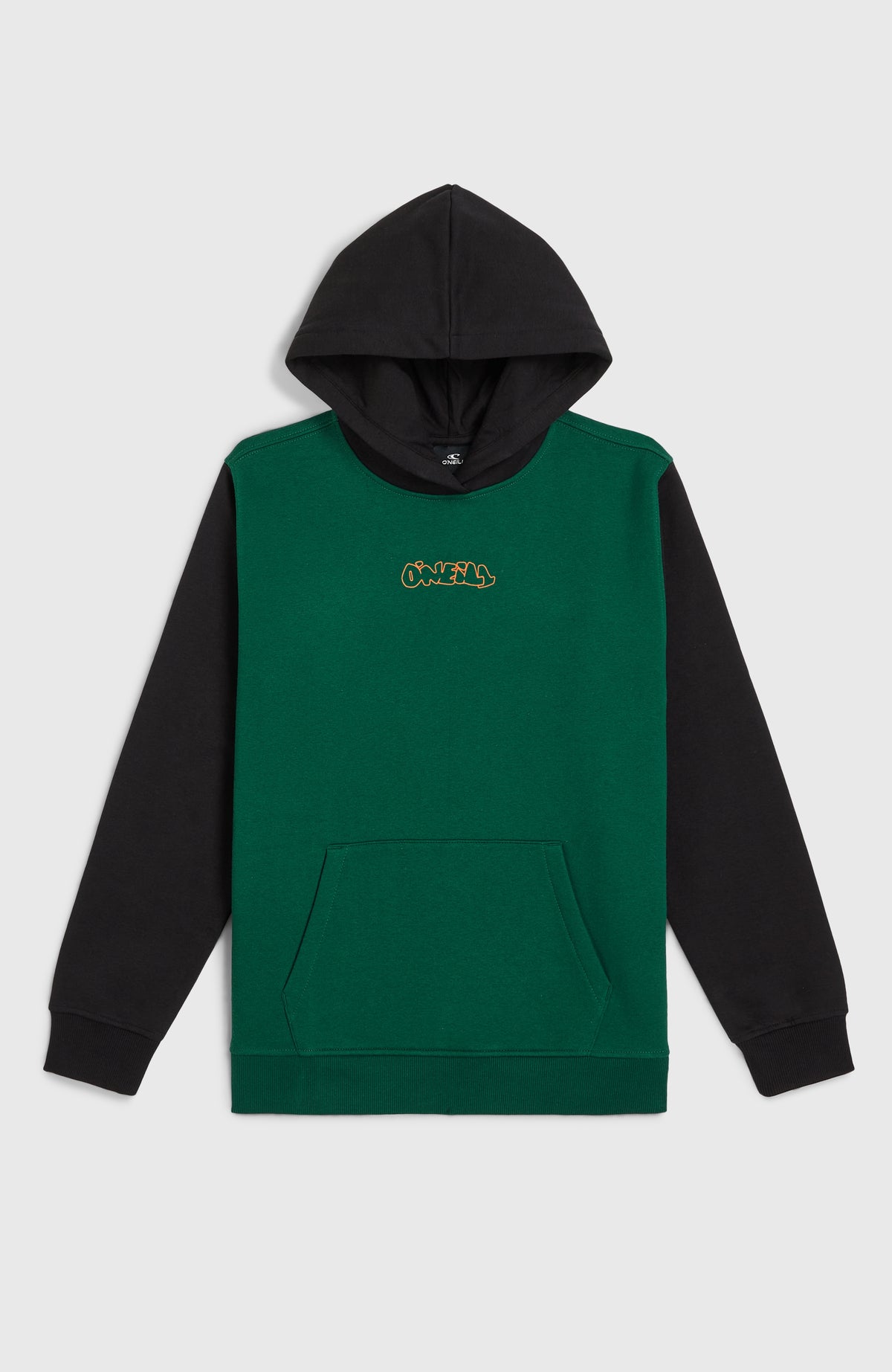 FWC'Play Hoodie für Jungen, grün mit Logo-Print in Orange, flach liegend von vorne mit Kängurutasche