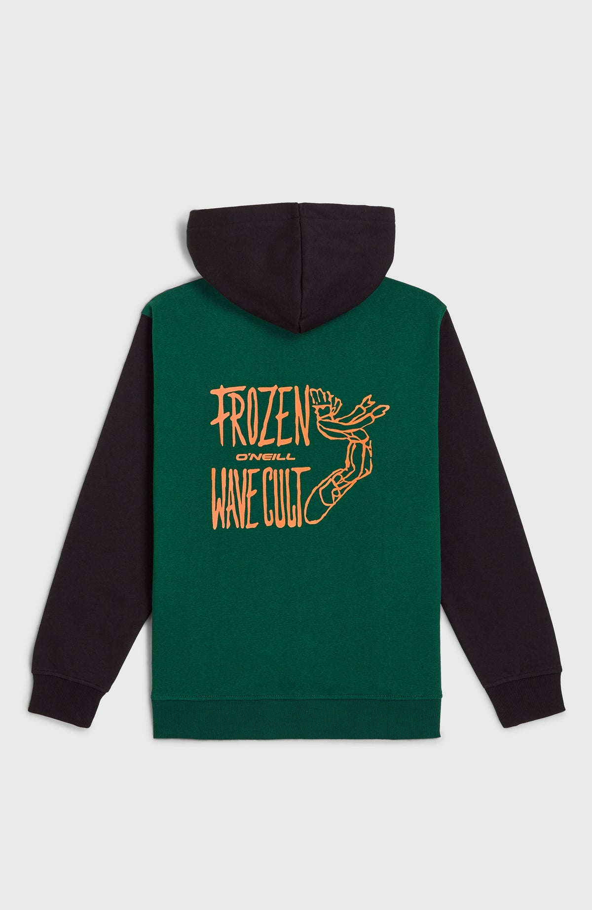 FWC'Play Hoodie für Jungen, grün mit Logo-Print in Orange, flach liegend von hinten mit großem Rückenprint