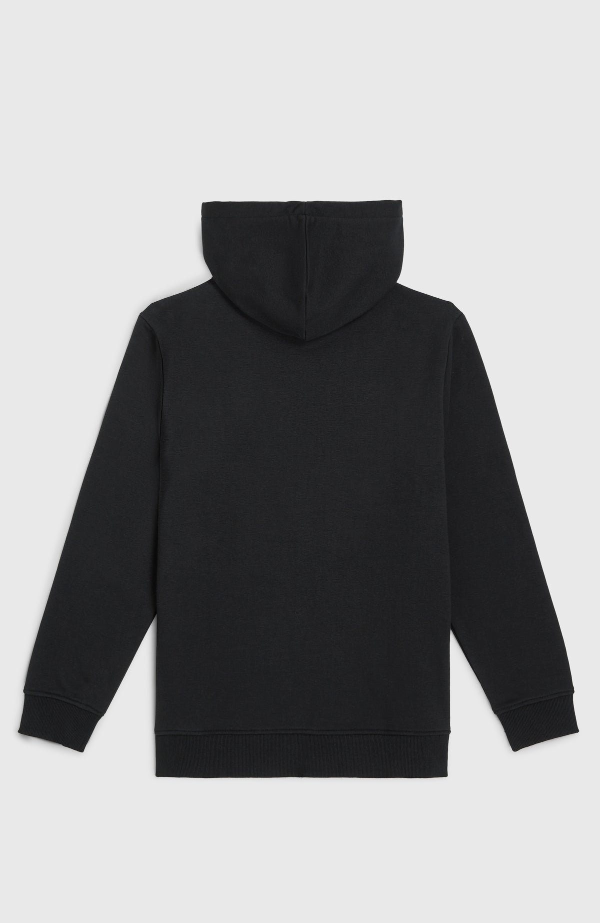 Essentials Hoodie für Jungen, schwarz mit Logo-Stickerei in Hellblau, flach liegend von hinten mit Kapuze