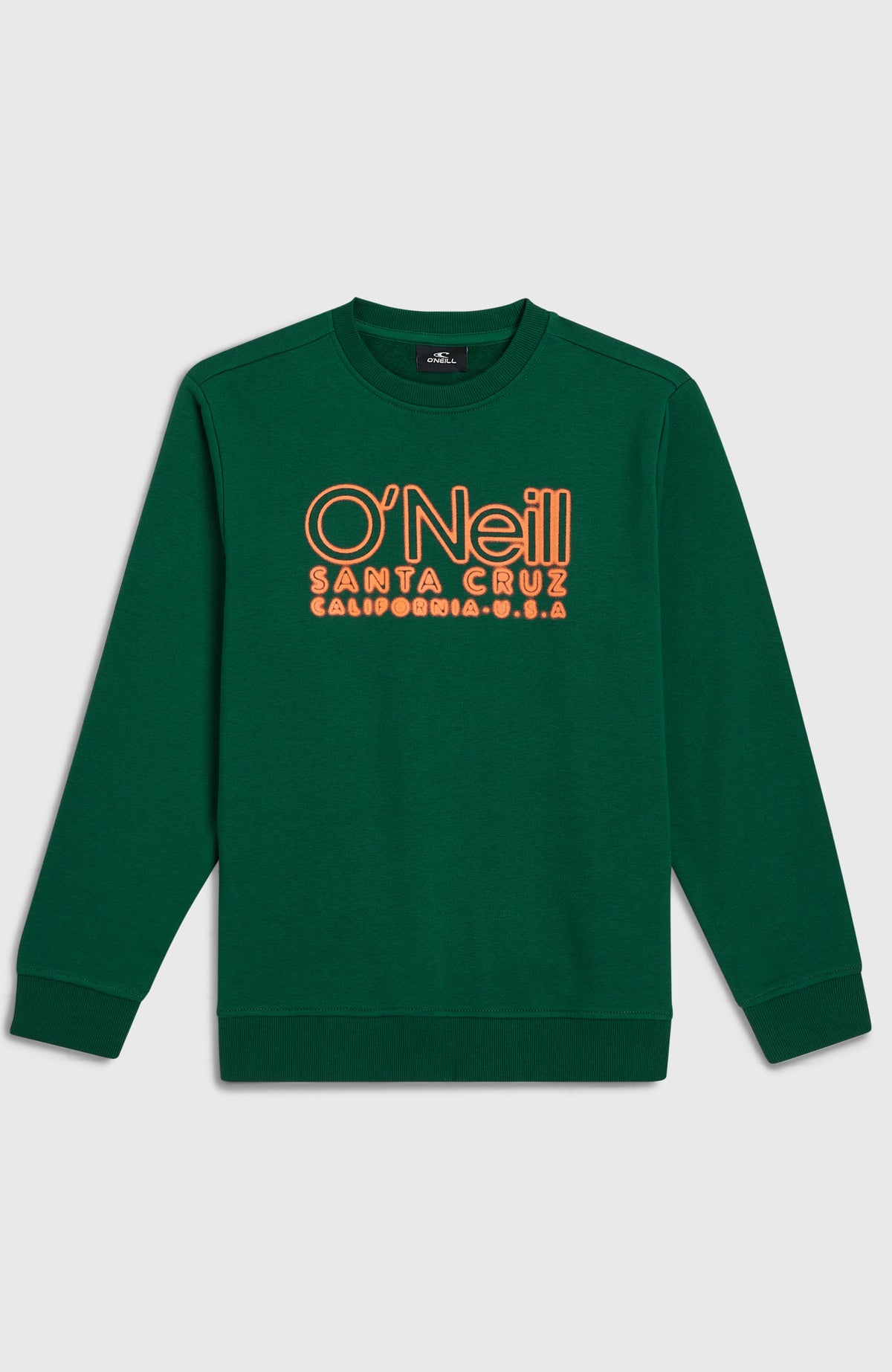 Essentials Crew Sweatshirt für Jungen, grün mit Logo-Print in Orange, flach liegend von vorne