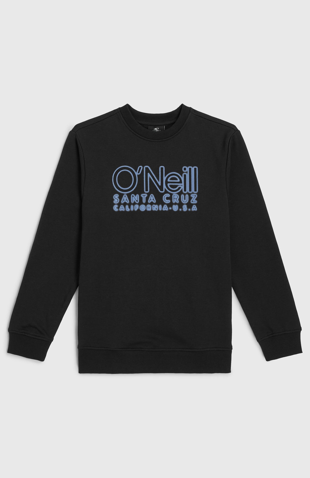 Essentials Crew Sweatshirt für Jungen, schwarz mit Logo-Print in Hellblau, flach liegend von vorne mit Rippbündchen