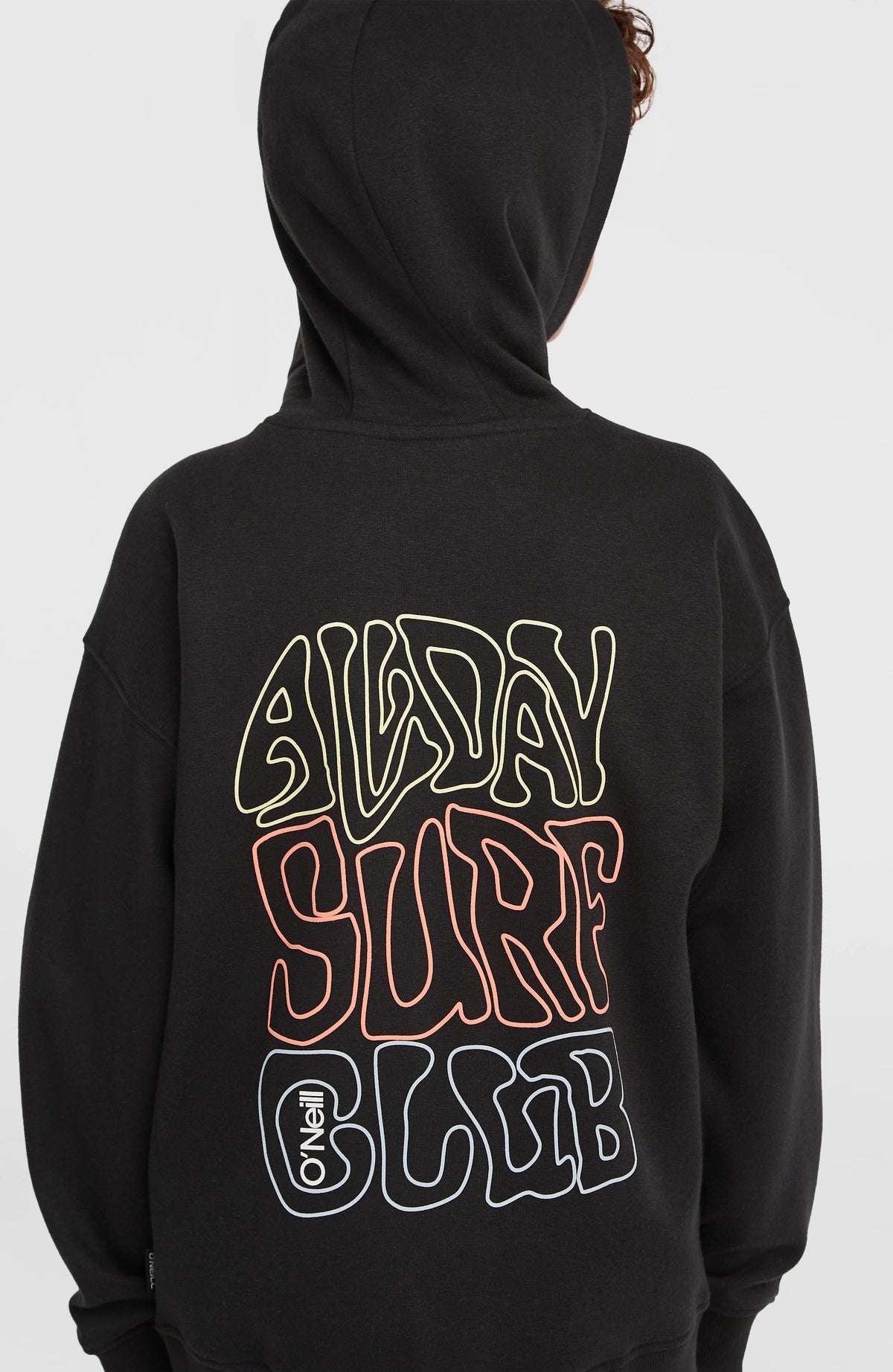 Graphic Kapuzenjacke mit Reißverschluss, schwarz mit Grafik-Print in Gelb und Orange, Nahaufnahme der Rückseite am Model