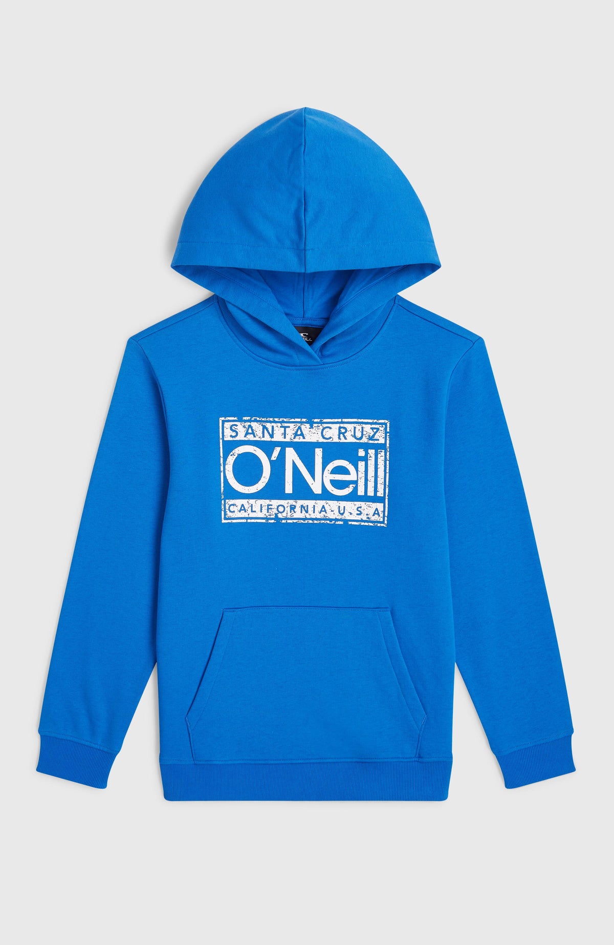 Cali Hoodie für Jungen, blau mit Logo-Print in Weiß, flach liegend von vorne mit Kängurutasche