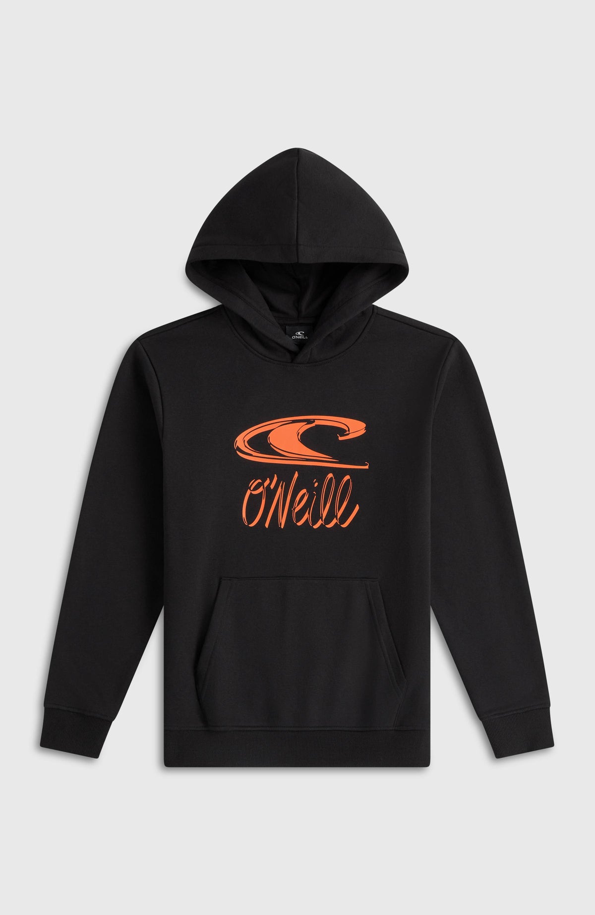 Schwarzer Essentials Hoodie für Jungen mit Logo-Print in Orange, freigestellt von vorne mit Kapuze und Kängurutasche
