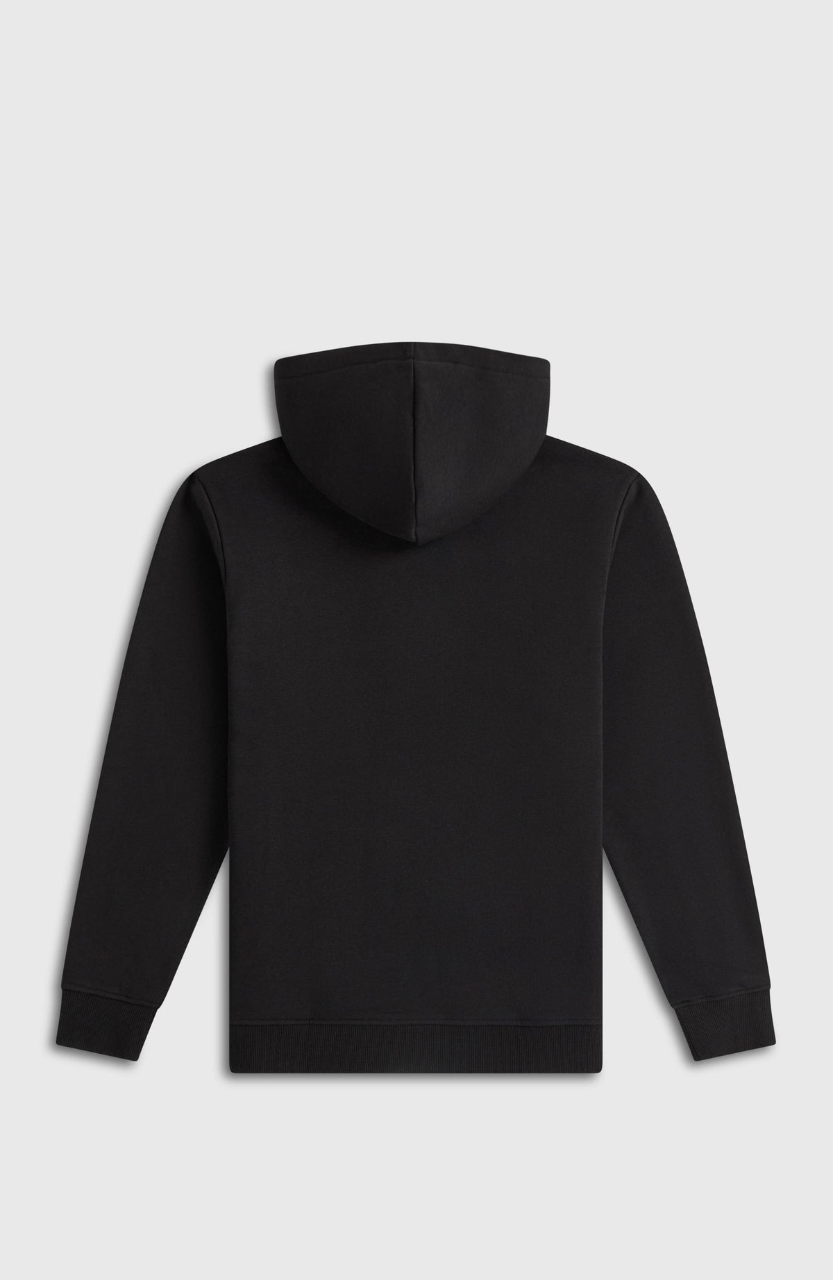 Essentials Hoodie für Jungen, schwarz mit Logo-Print in Orange, freigestellt von hinten mit Kapuze und Rippbündchen