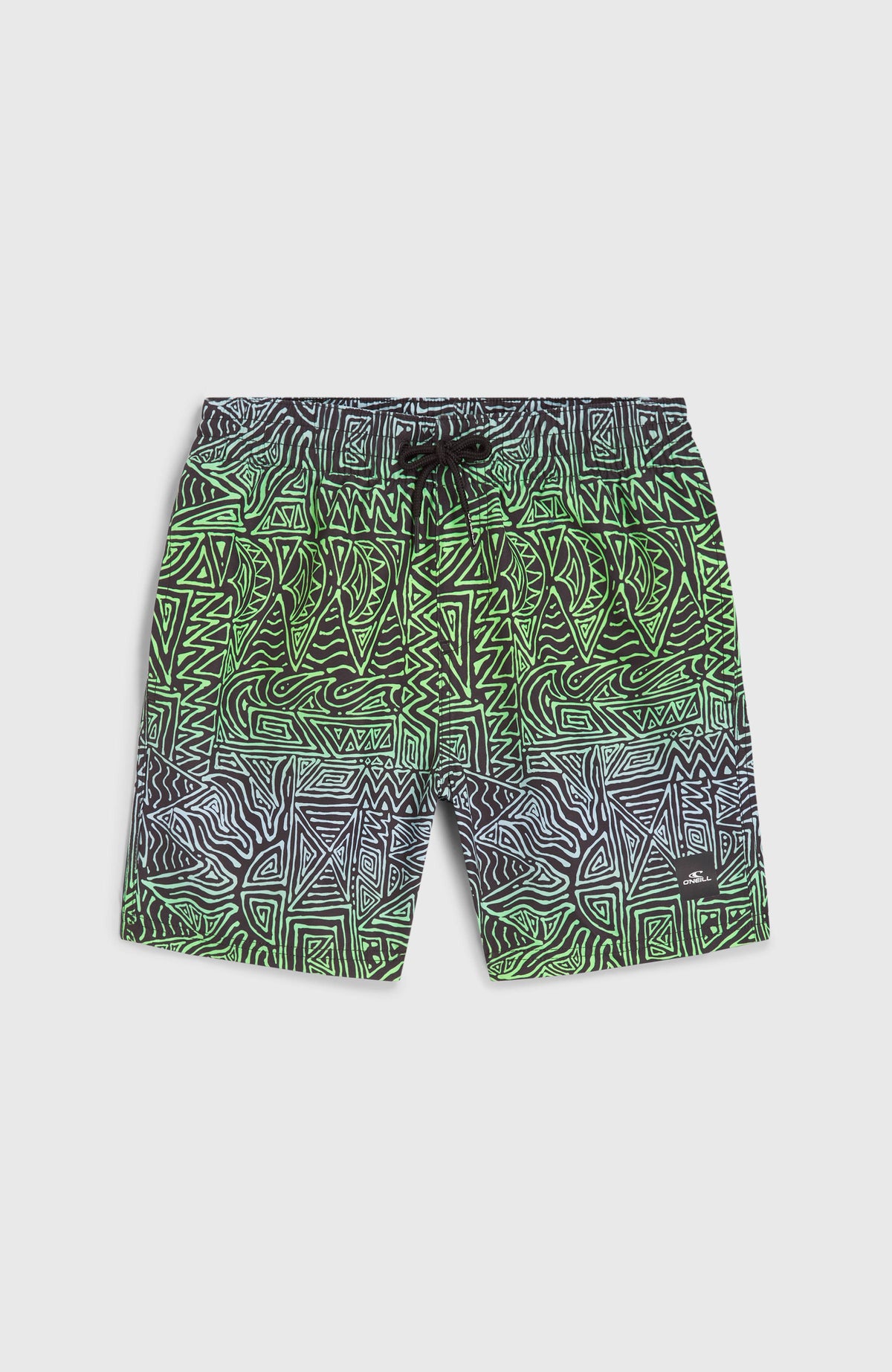 Blaue Cali 14'' Badehose für Jungen mit Grafikmuster in Grün, flach liegend von vorne mit Kordelzug am Bund