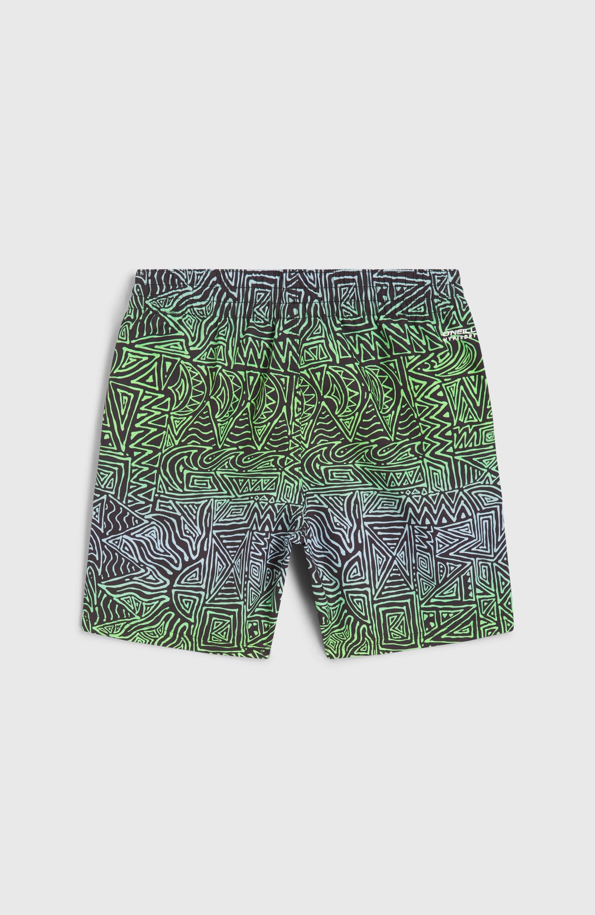 Blaue Cali 14'' Badehose für Jungen mit Grafikmuster in Grün, flach liegend von hinten mit elastischem Bund