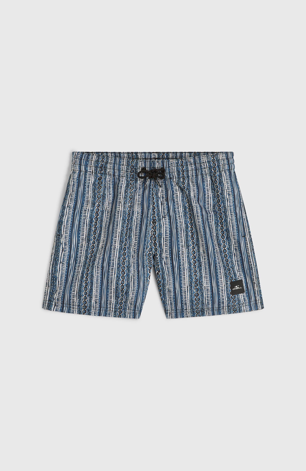 Cali 14'' Badehose für Jungen, blau mit Streifenmuster in Weiß, flach liegend von vorne mit Kordelzug