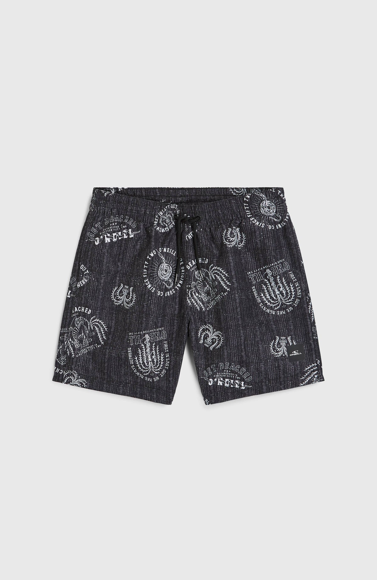 Cali 14'' Badehose für Jungen, schwarz mit Grafik-Print in Weiß, flach liegend von vorne mit Kordelzug