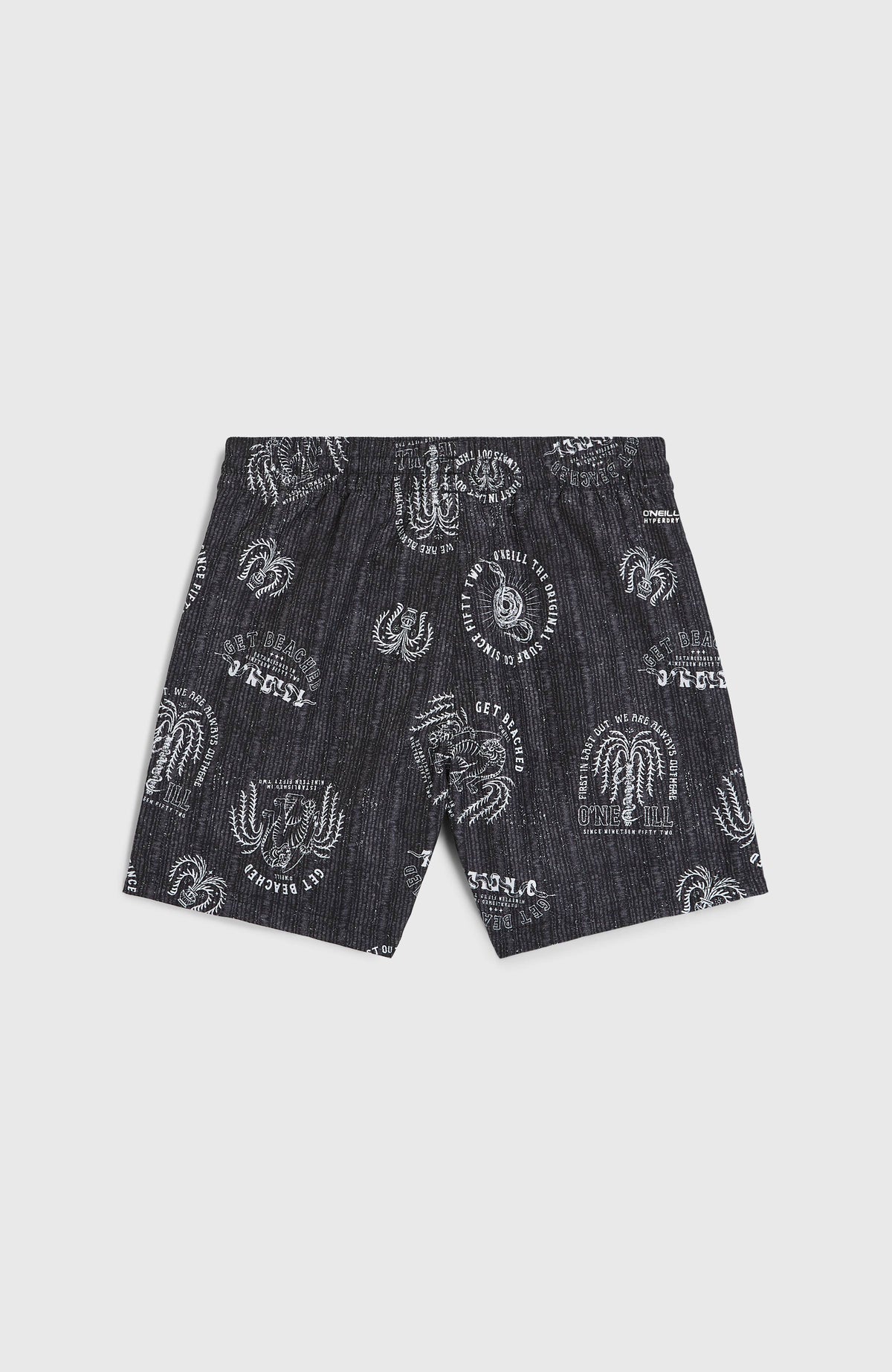 Cali 14'' Badehose für Jungen, schwarz mit Grafik-Print in Weiß, flach liegend von hinten