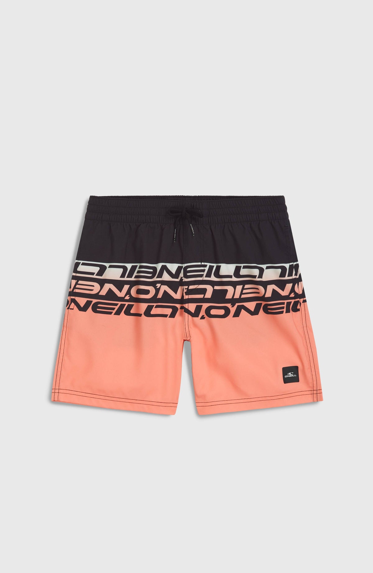 Cali Stripe 14'' Badehose für Jungen, pink mit Logo-Print in Schwarz, flach liegend von vorne, Kordelzug am Bund