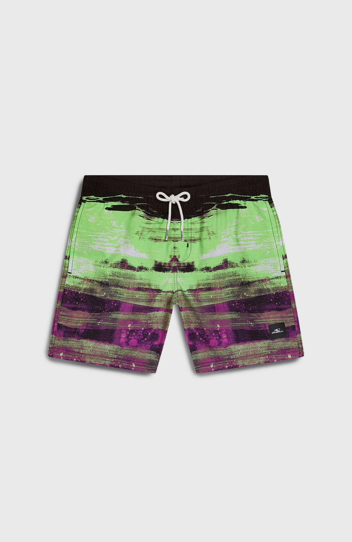 Cali Gradient 14'' Badehose für Jungen, schwarz mit Streifenmuster in Grün und Lila, flach liegend von vorne