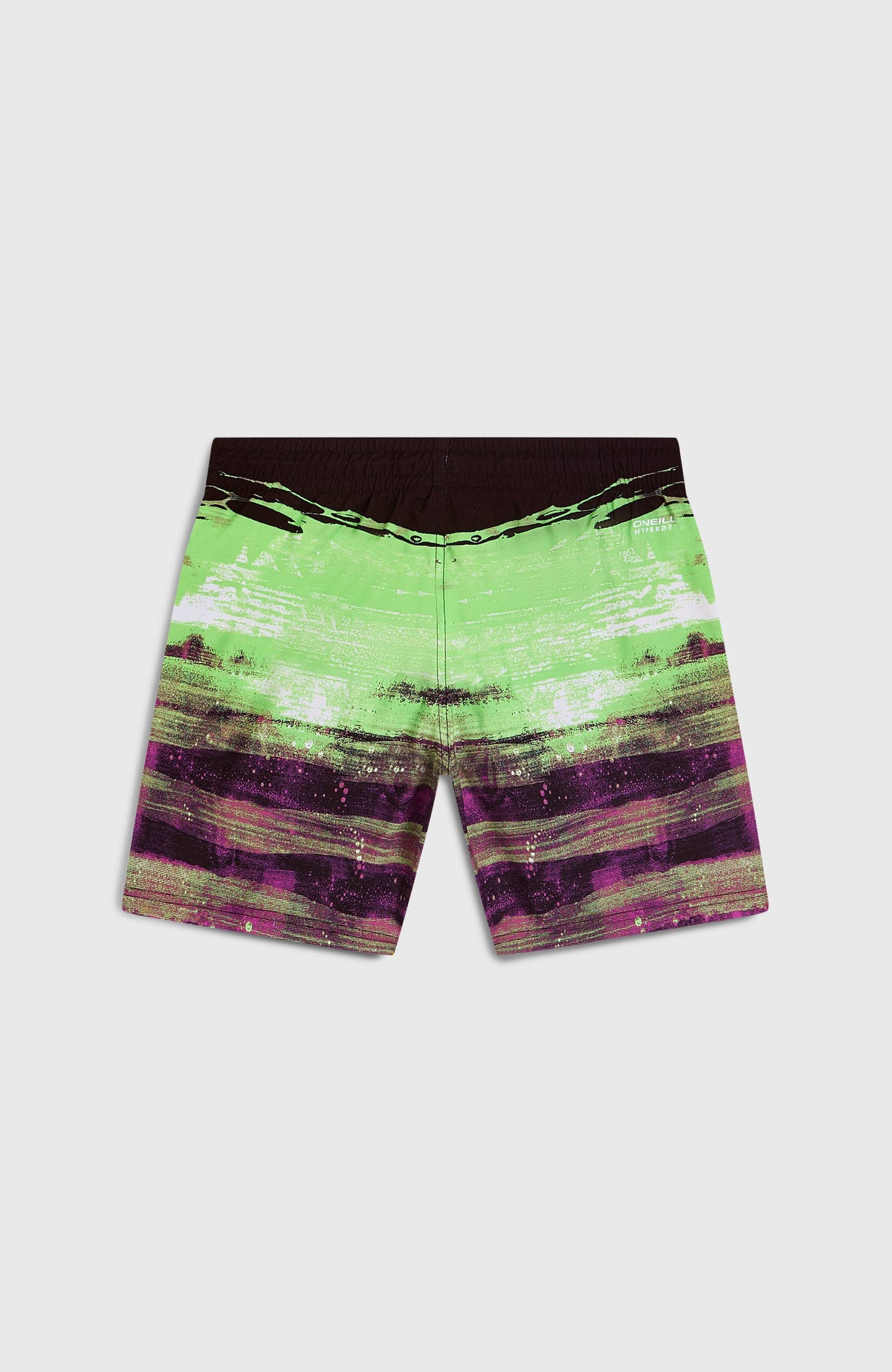 Cali Gradient 14'' Badehose für Jungen, schwarz mit Streifenmuster in Grün und Lila, flach liegend von hinten