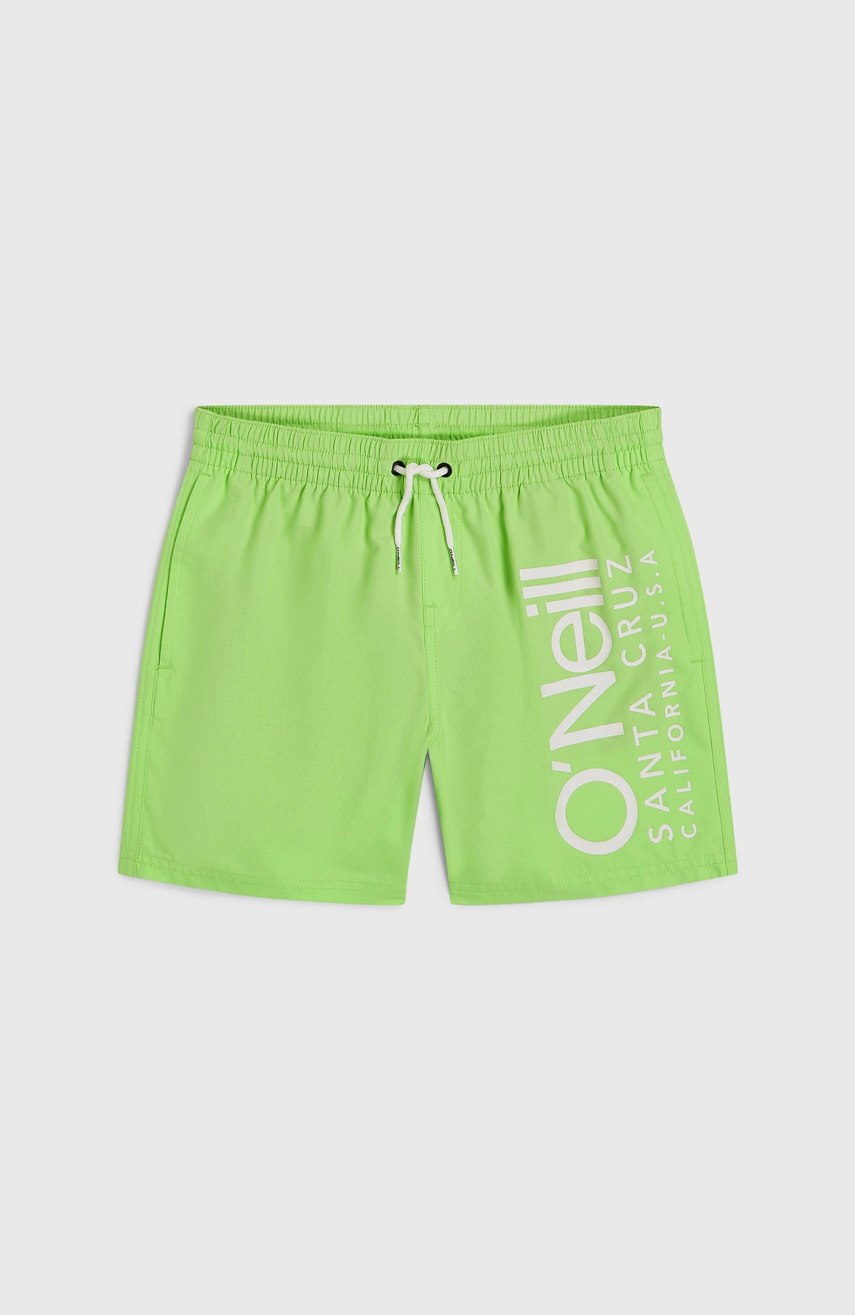 Original Cali 14'' Badehose für Jungen, grün mit Logo-Print in Weiß, flach liegend von vorne mit Kordelzug