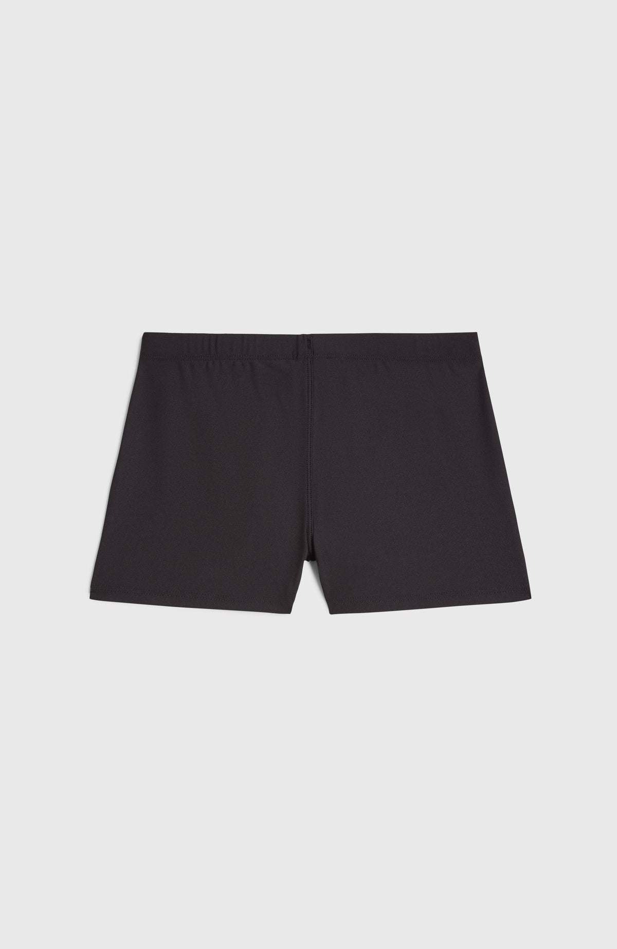 Racer Badehose für Jungen, schwarz, flach liegend von hinten mit Mittelnaht
