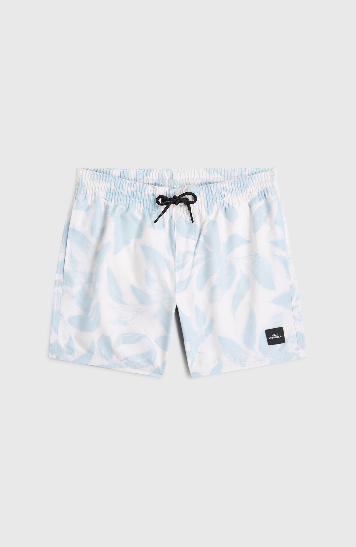 Print Badehose für Jungen, weiß mit Blumenmuster in Hellblau, flach liegend von vorne mit Kordelzug am Bund