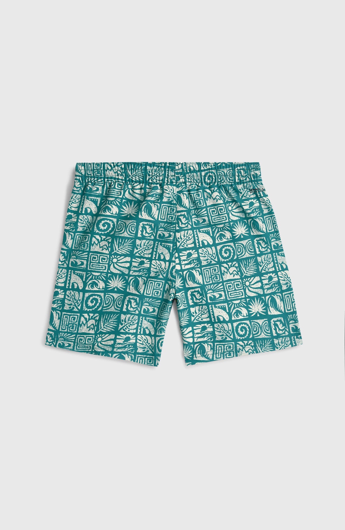Print Badehose für Jungen, blau mit Grafikmuster in Weiß, flach liegend von hinten, elastischer Bund