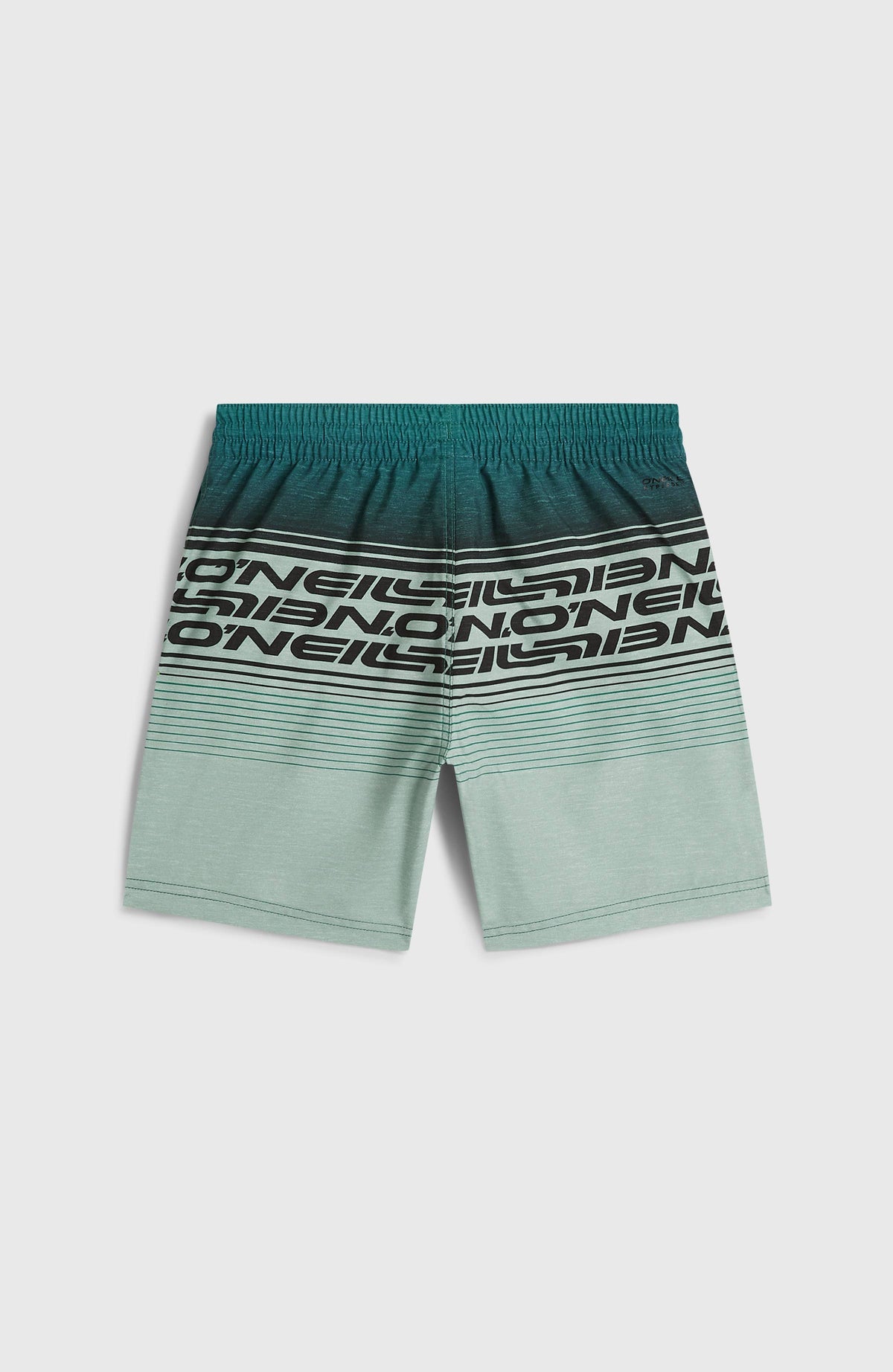 Logo Stripe Badehose für Jungen, grün mit Logo-Print in Schwarz, flach liegend von hinten, elastischer Bund
