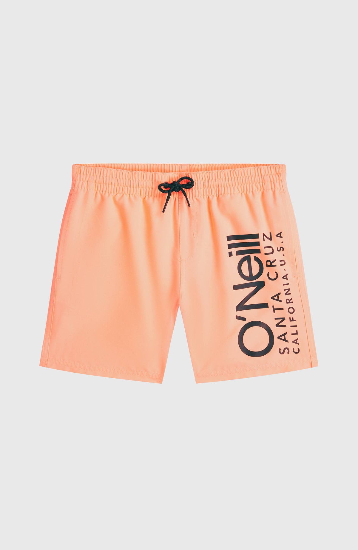 Cali Badehose für Jungen, orange mit Logo-Print in Schwarz, flach liegend von vorne mit Kordelzug am Bund