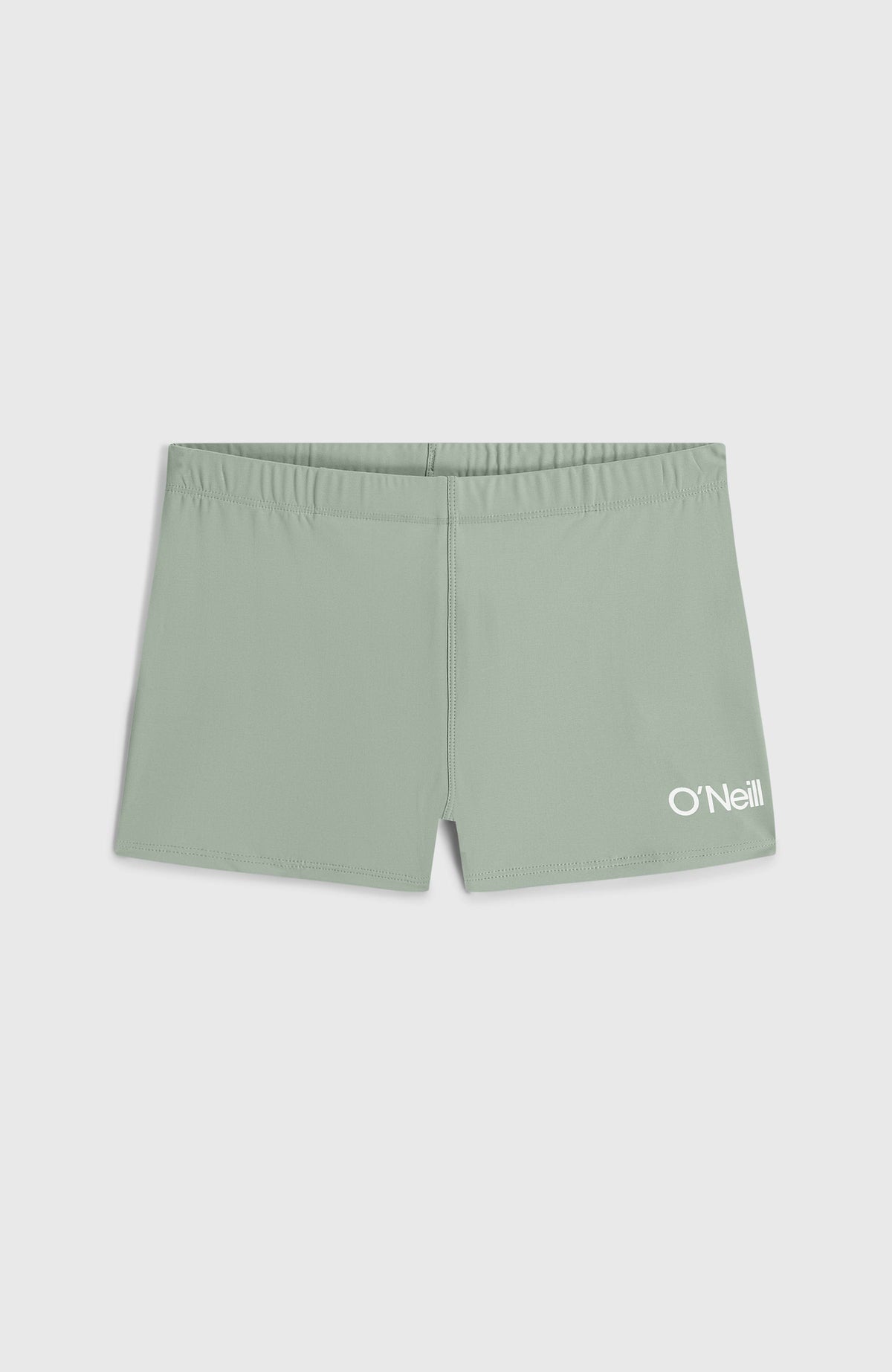 O'Neill Racer Badehose für Jungen, grün, flach liegend von vorne mit weißem Logo-Print