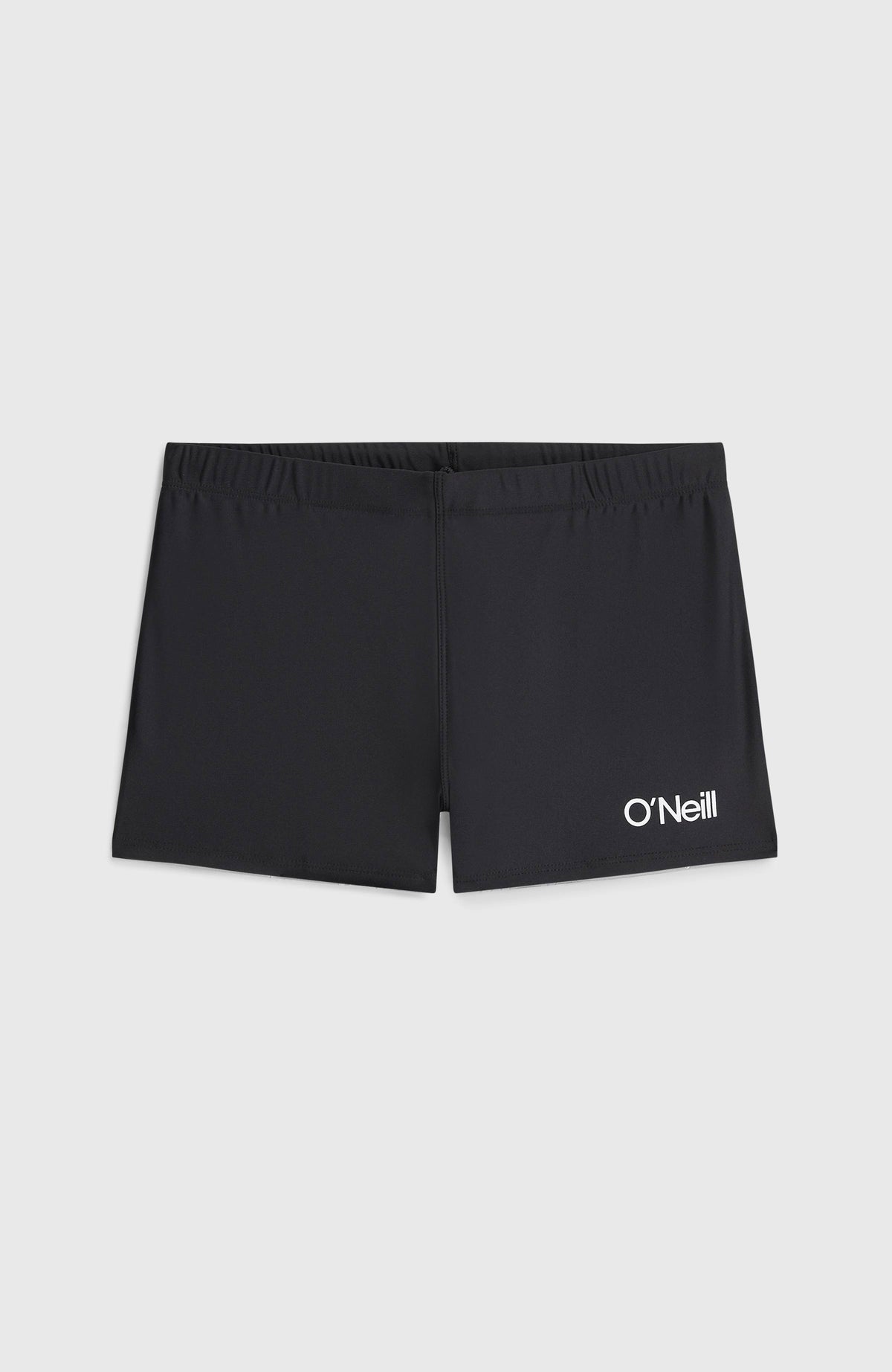 Racer Badehose für Jungen, schwarz, flach liegend von vorne mit elastischem Bund